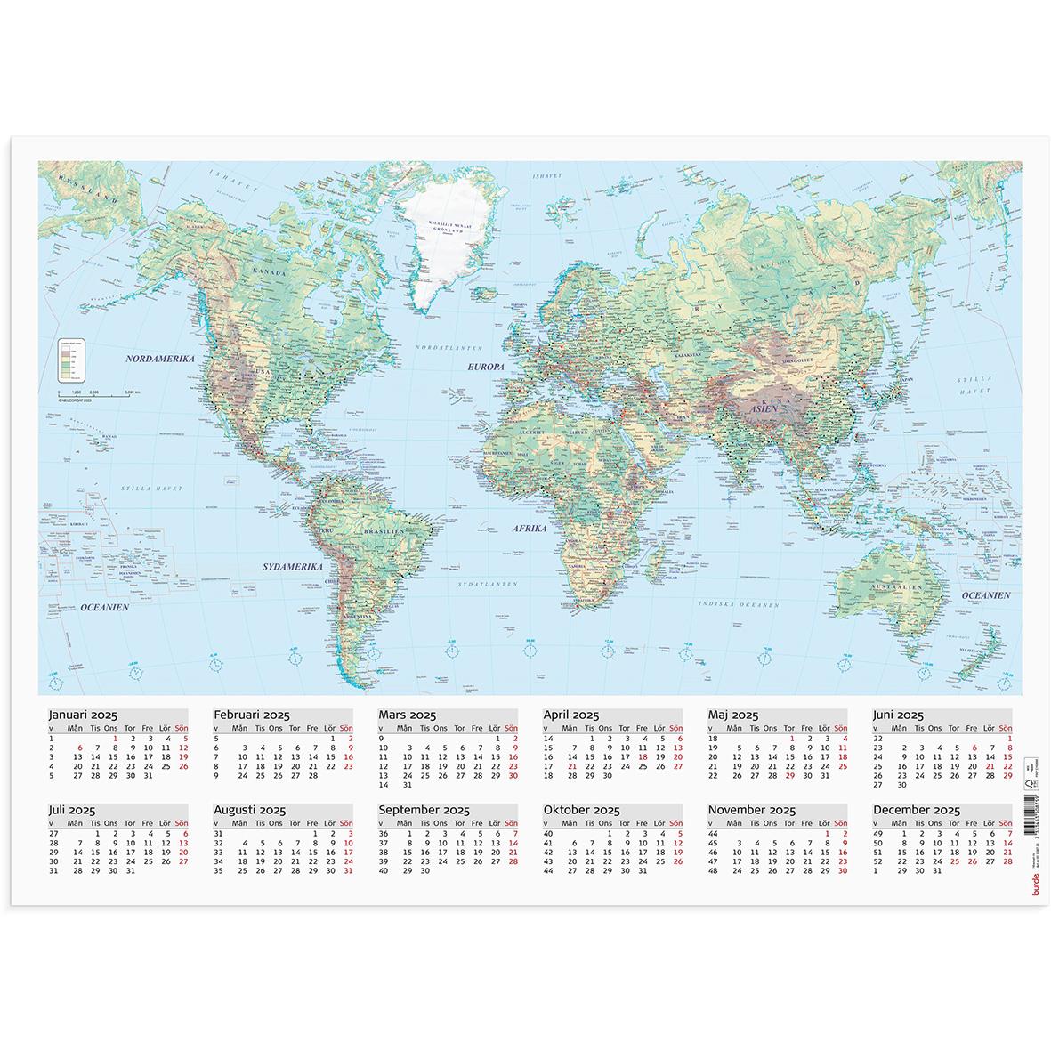 Almanacka Burde 5087 Väggblad Världskarta 2025