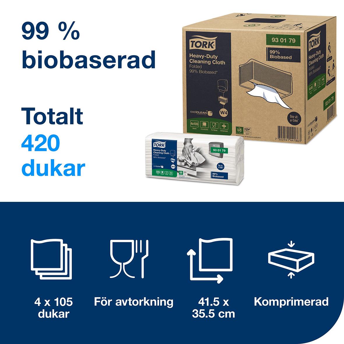 Rengöringsduk Tork W4 Kraftig 99% Biobas Vit 36x42cm 53073421_3