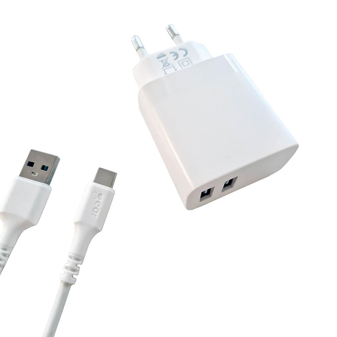 Laddare Gear 220V 2xUSB 3.4A Kabel USB-C 2.0 1m Vit 95010011